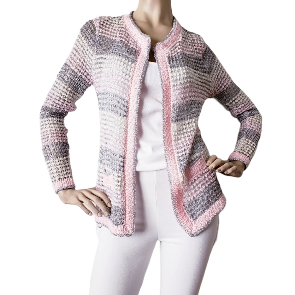 Leshop Pink, Cream & Silver Metallic Striped Open Front Knit Cardigan